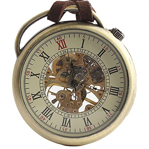 Fintier アンティーク風 ローマ数字 レザー 手巻き 機械式 懐中時計 スケルトン 懐中時計 ポケットウォッチ
