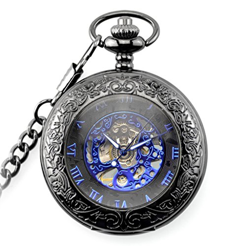 【ノーブランド品】レトロな スチームパンク 機械式 懐中時計 手風の刻印 メタルブルー、ブラック