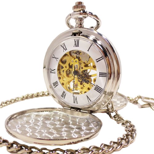 【ノーブランド品】- 鏡面白銀 - 手巻き式 懐中時計 両面蓋 両面 スケルトン ホワイト シルバー ダブル クラムシェル
